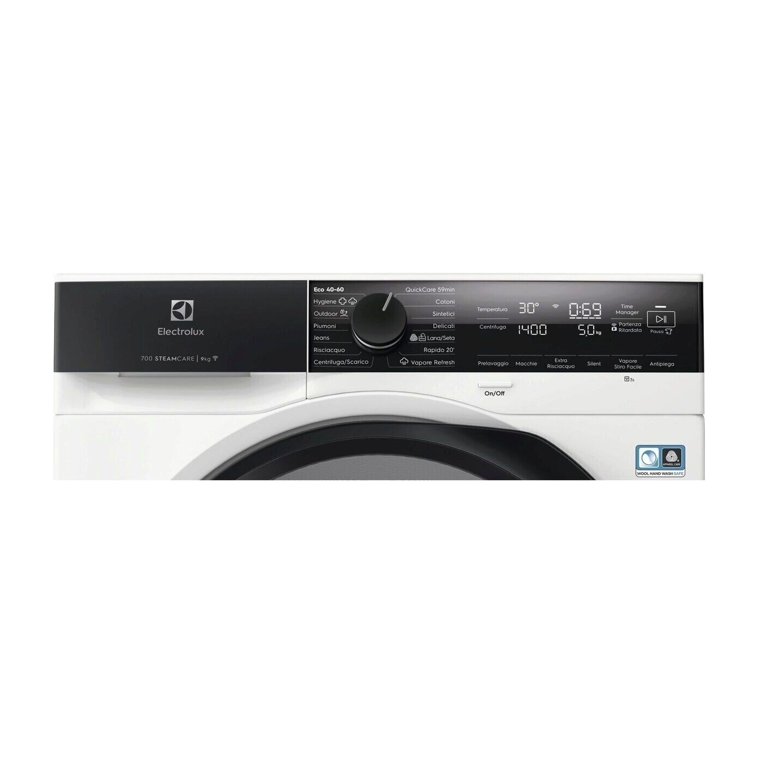 Una lavasciuga Electrolux bianca con pannello digitale che mostra i programmi.