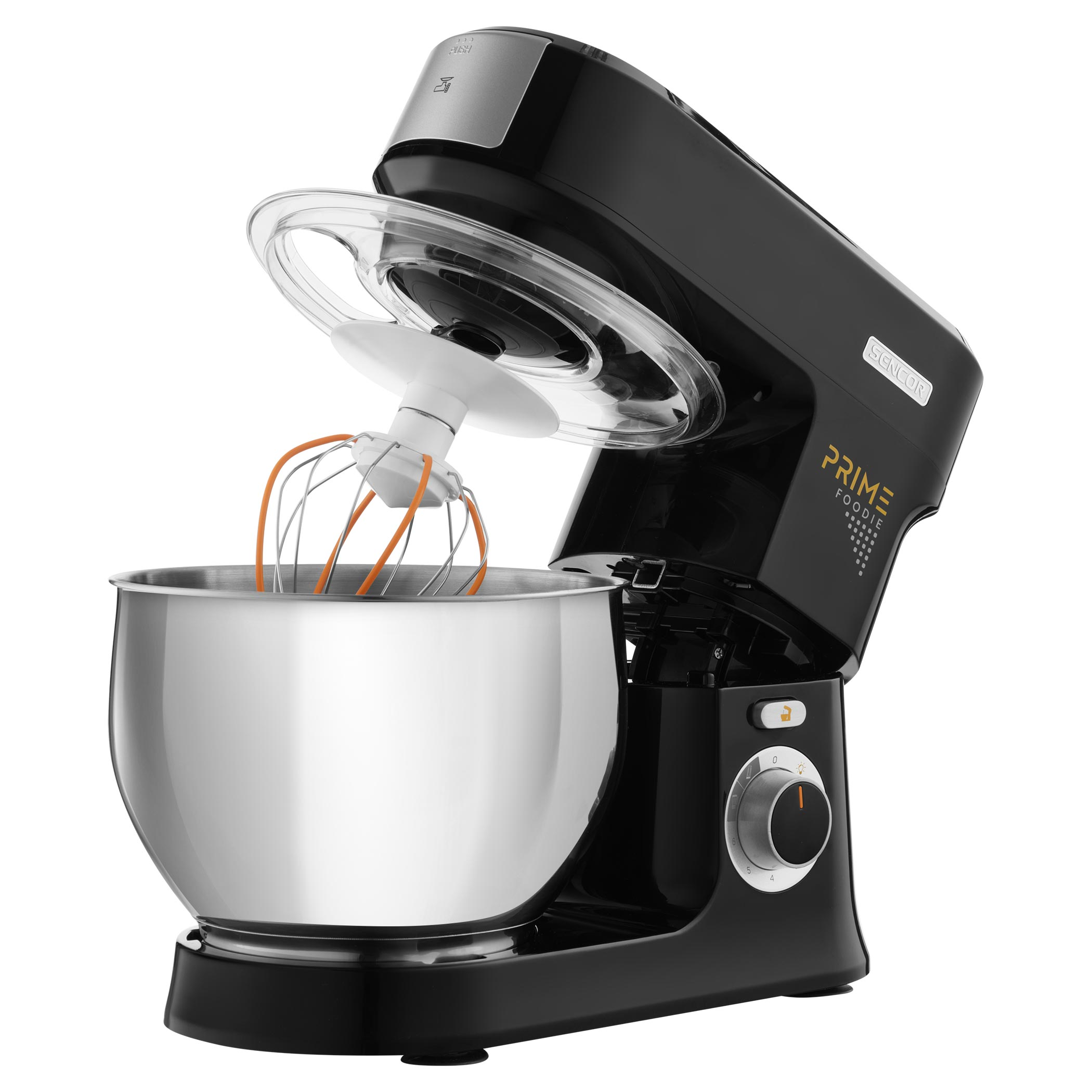 Fekete álló mixer rozsdamentes acél tállal, habverővel, fehér tetővel.