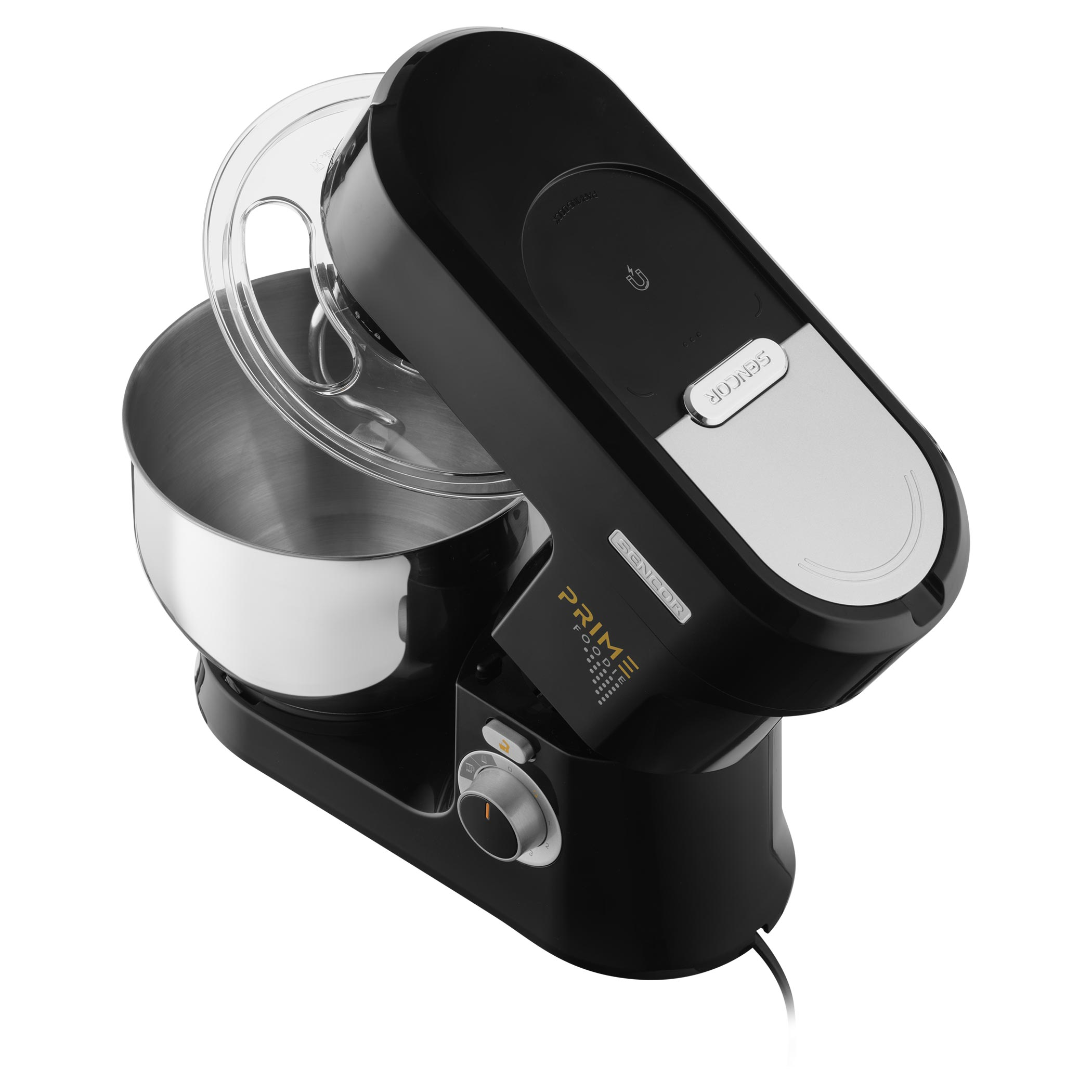 Fekete konyhai robotgép rozsdamentes acél tálal és átlátszó cseppvédővel.