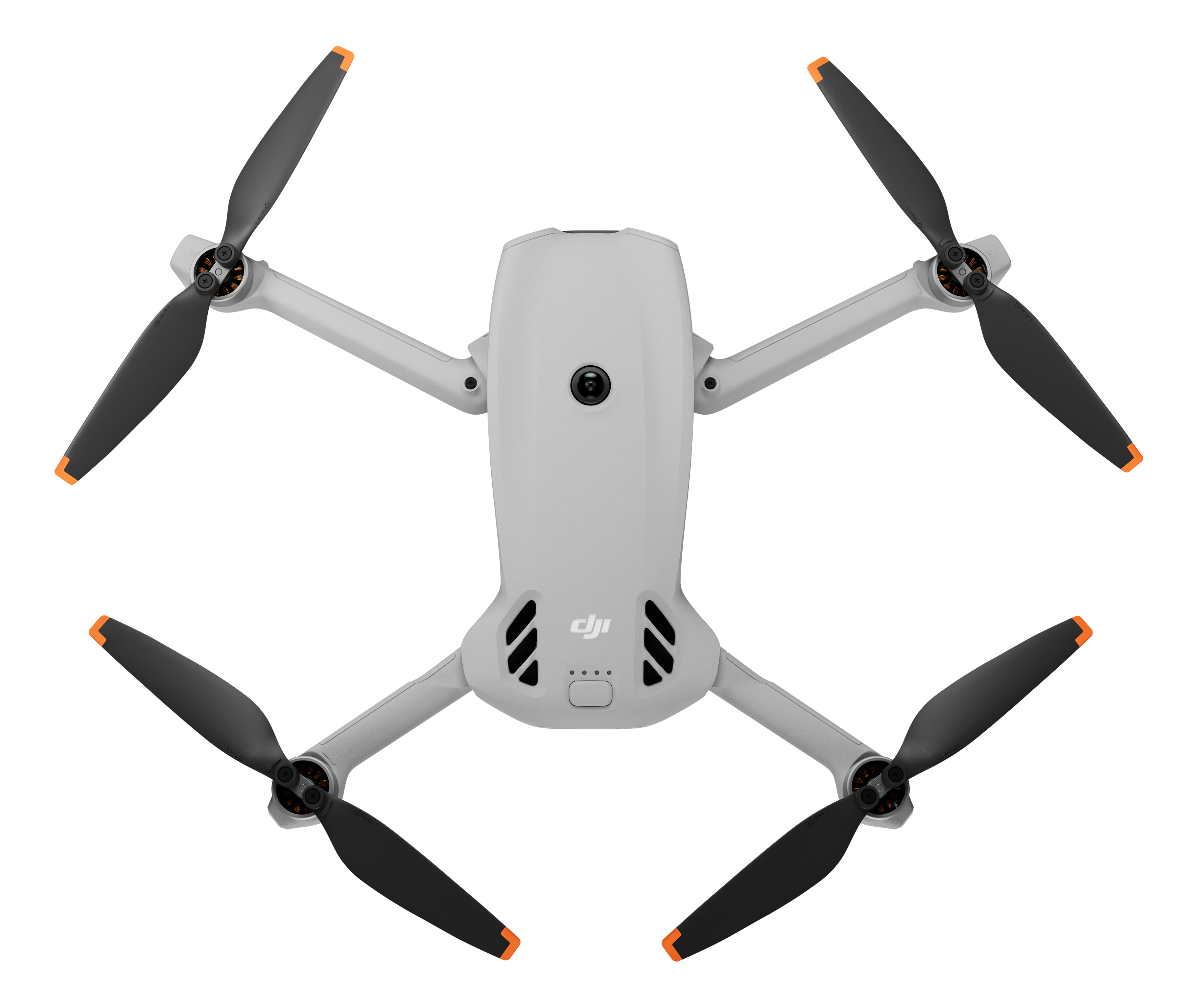Un drone grigio con eliche nere e punte arancioni su sfondo nero.