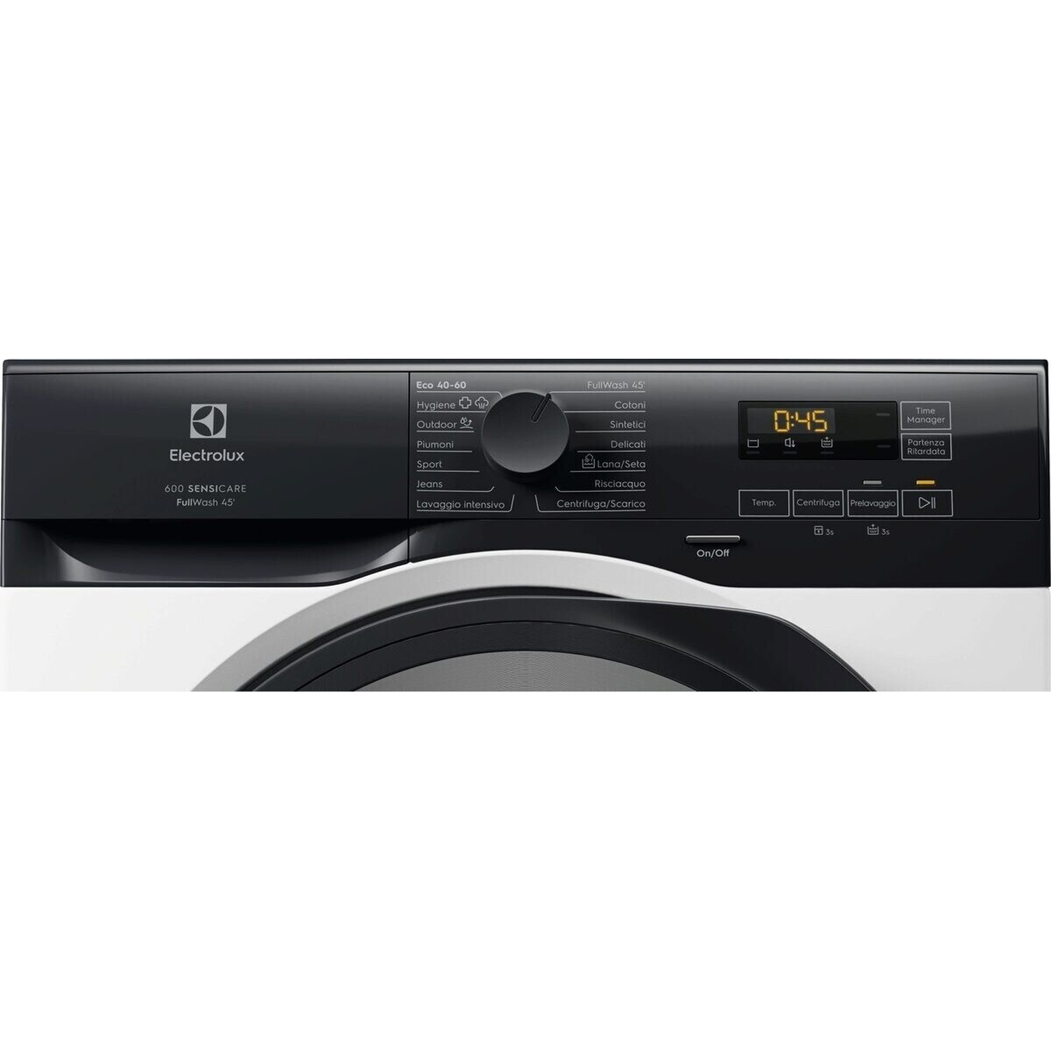 Pannello di controllo di una lavatrice Electrolux con programmi e display digitale.