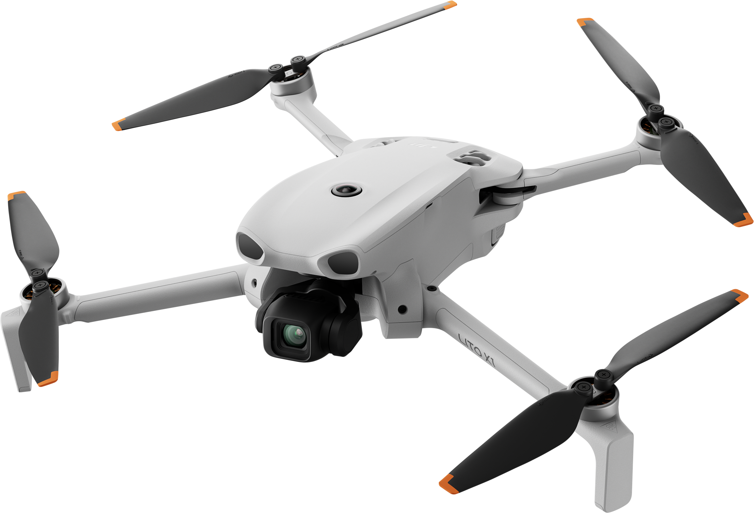 Un drone bianco con quattro eliche e una fotocamera, su sfondo nero.