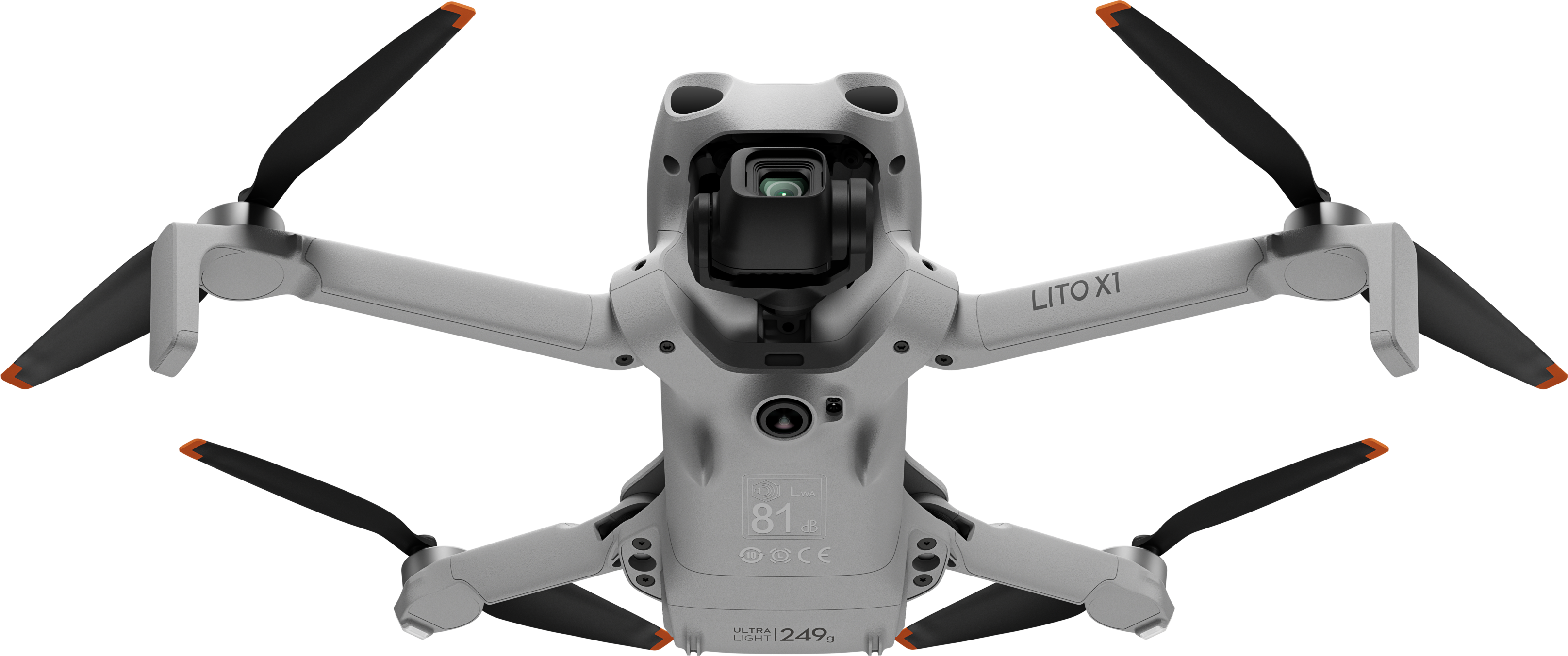 Un drone grigio chiaro con telecamera e eliche nere, su sfondo nero.