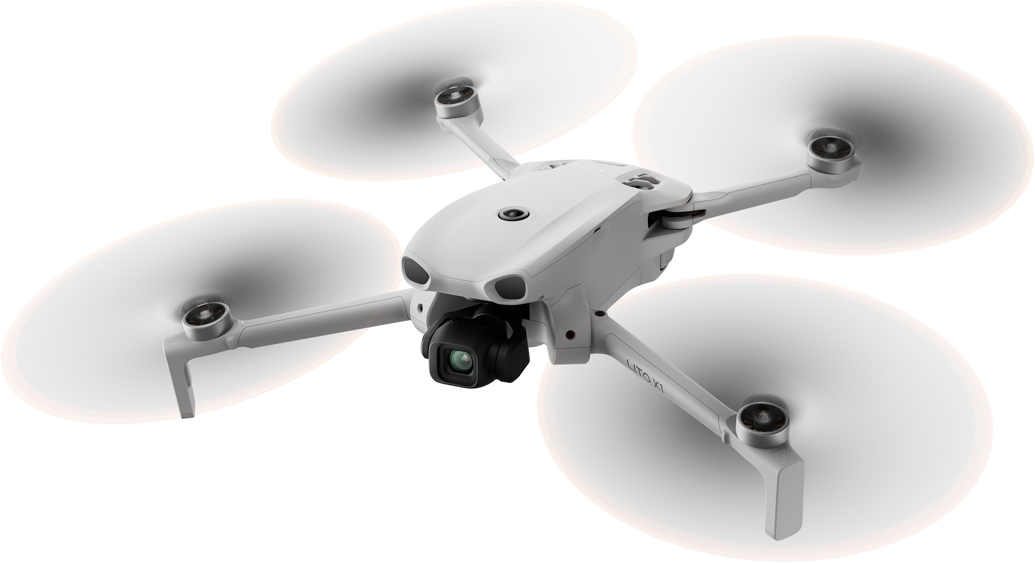 Un drone bianco con fotocamera incombe su sfondo nero.