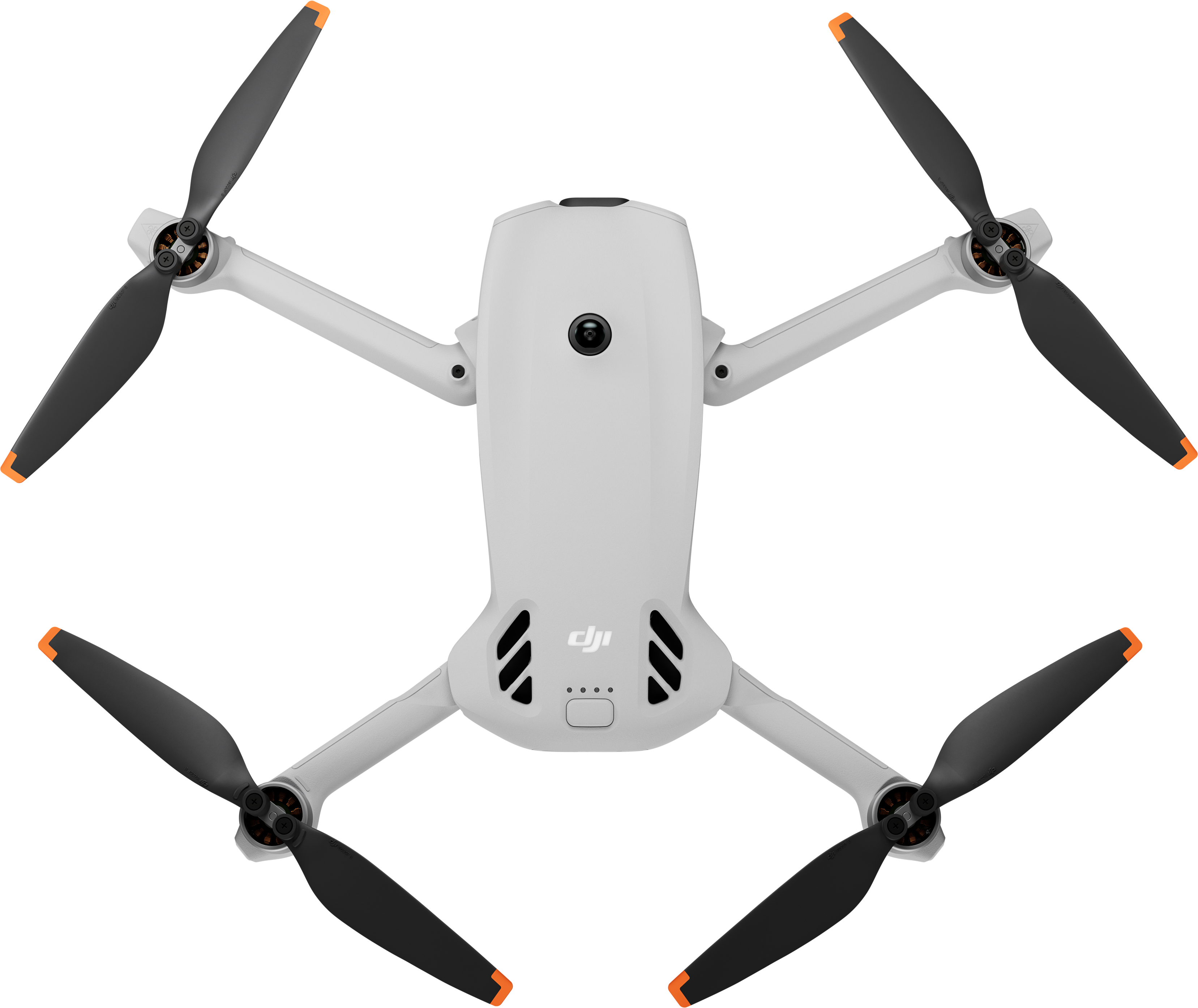 Un drone bianco con quattro eliche nere, con punte arancioni.