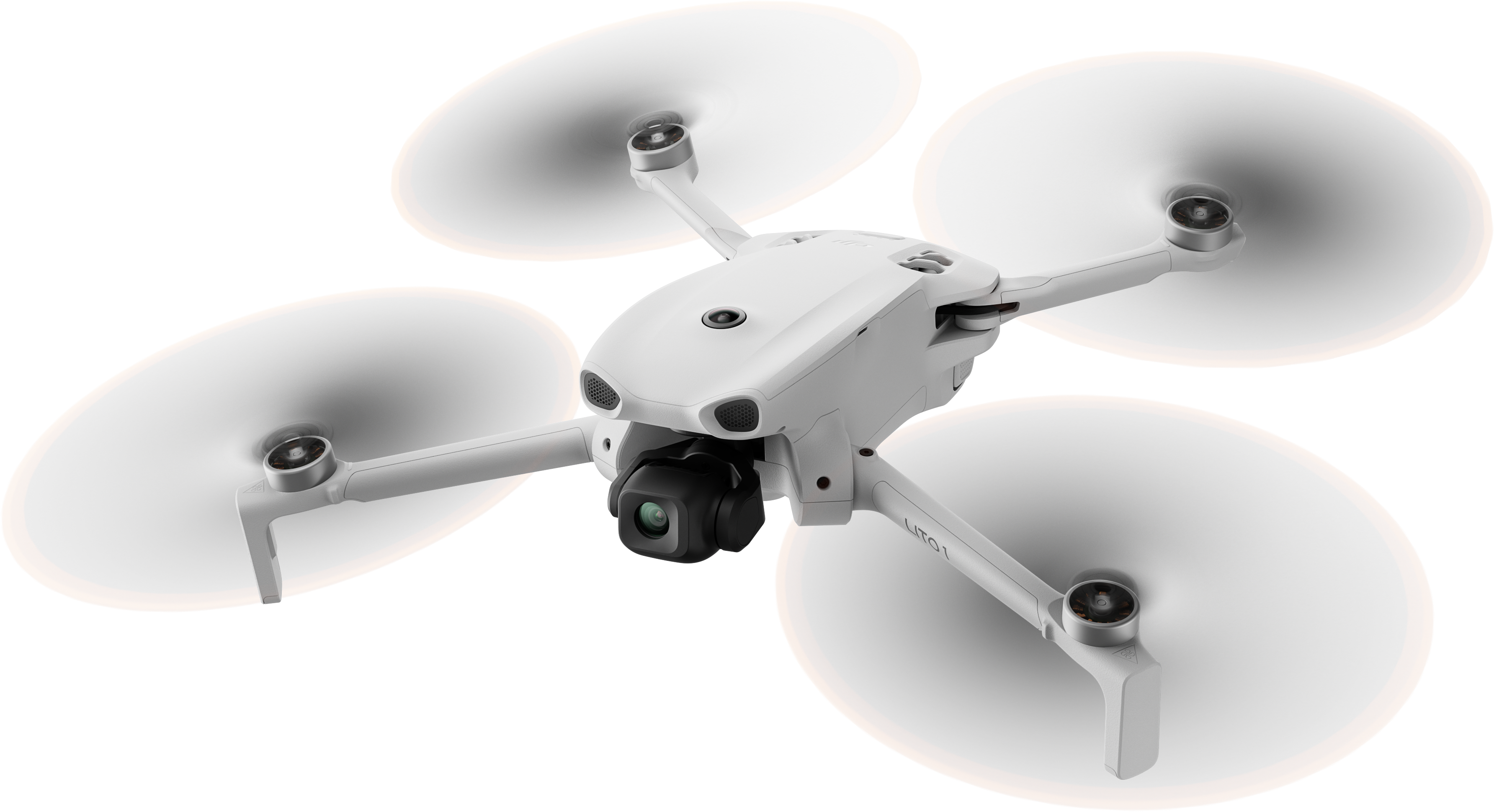 Un mini drone bianco con quattro eliche rotanti su sfondo nero.