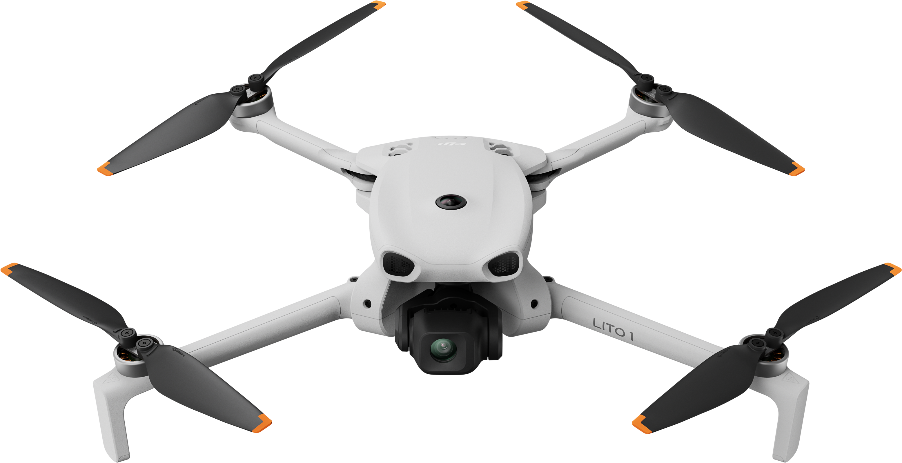 Un drone quadricottero bianco con eliche nere e punte arancioni.