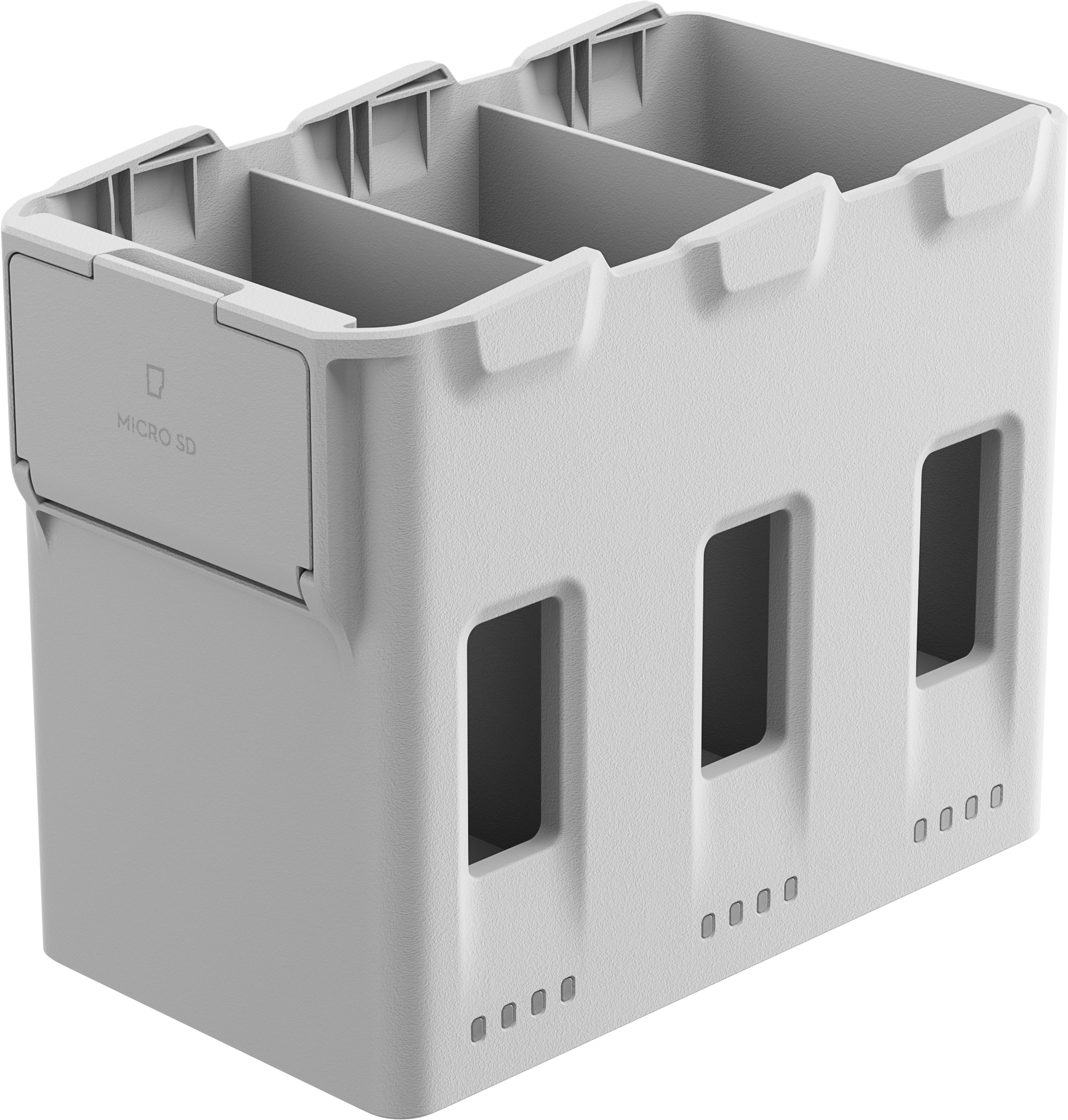 Un supporto bianco per schede Micro SD multi-slot con aperture rettangolari.