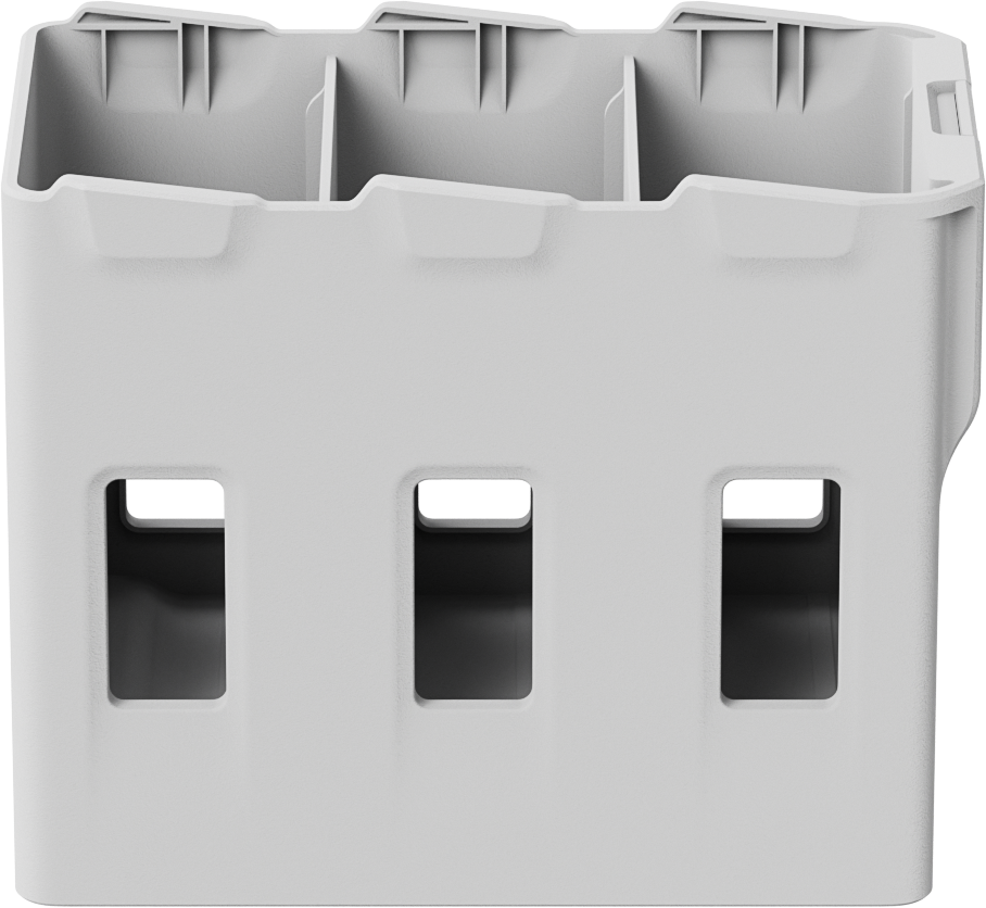 Un contenitore grigio con tre scomparti e aperture rettangolari.