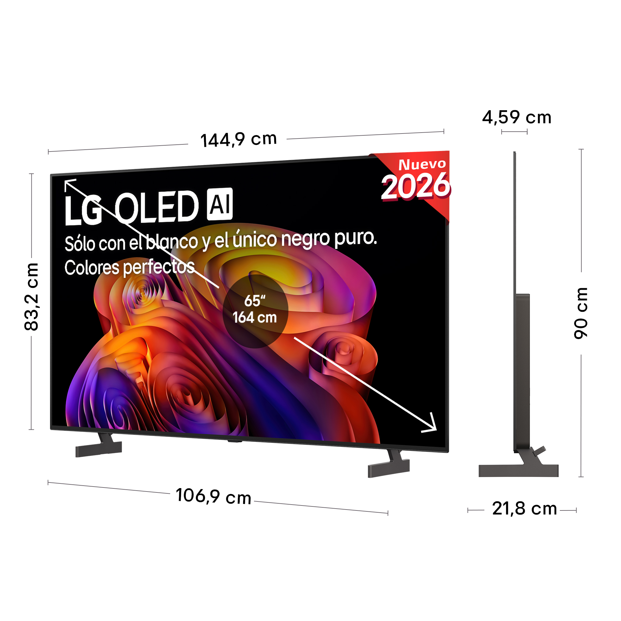 TV LG OLED 65" con dimensiones 144,9cm An, 83,2cm Al, 21,8cm Pr. Nuevo 2026.