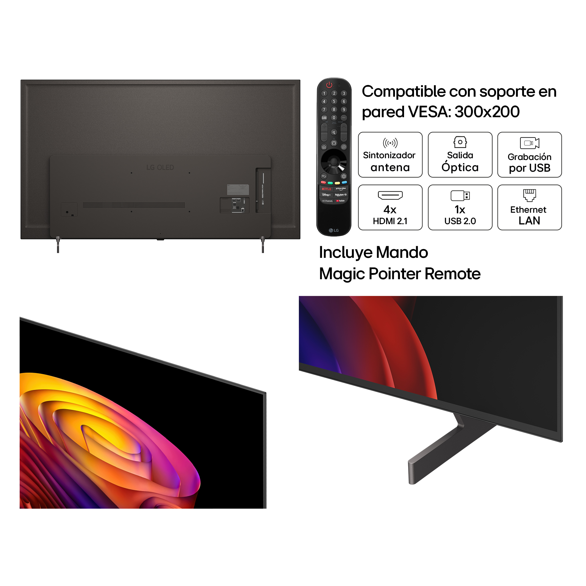 Vista trasera de un TV LG OLED con puertos, mando y especificaciones. También muestra pantalla.