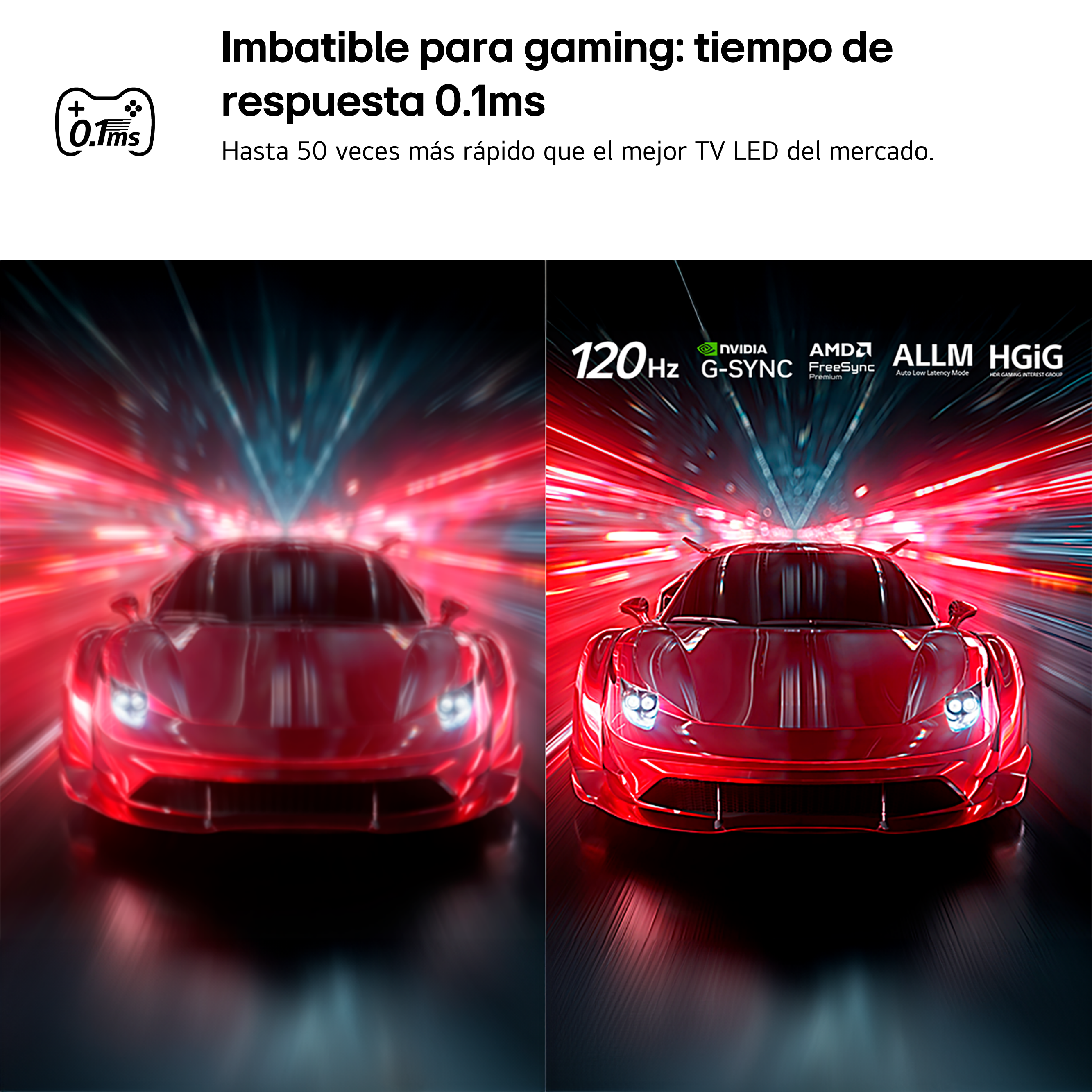 Coche deportivo rojo a toda velocidad. Izquierda borrosa, derecha nítida.