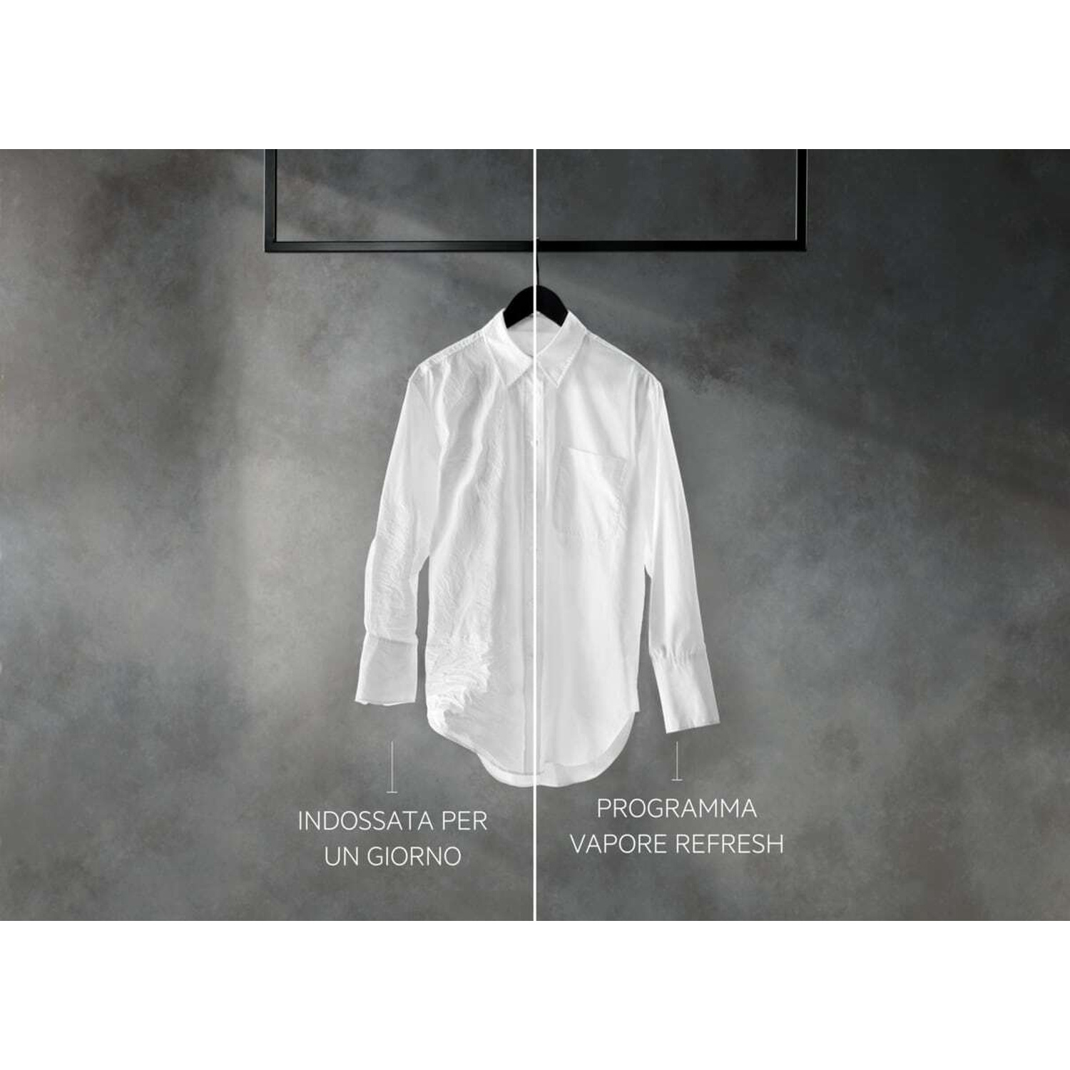 Camicia bianca, indossata a sinistra, rinfrescata a destra.