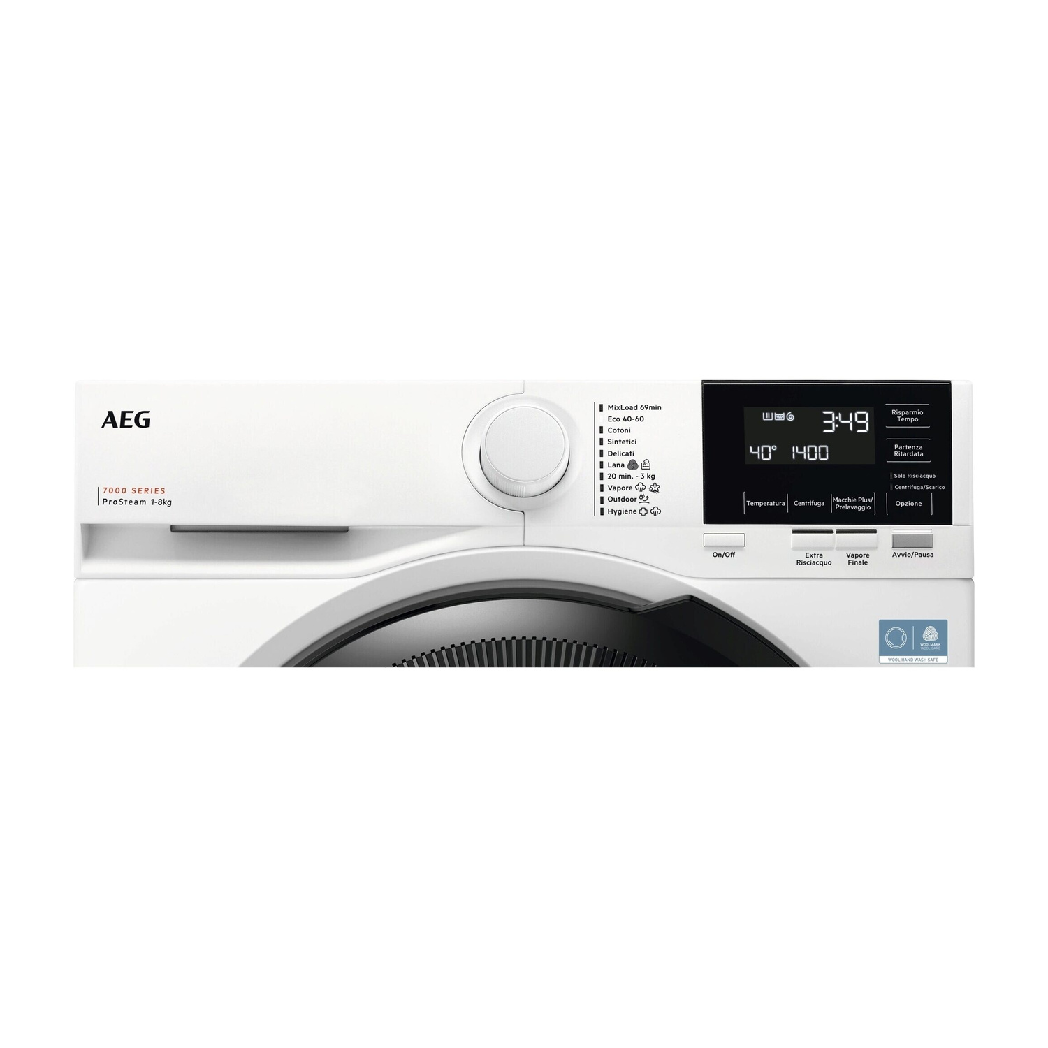 Lavatrice AEG con display, selezione programmi e manopola.