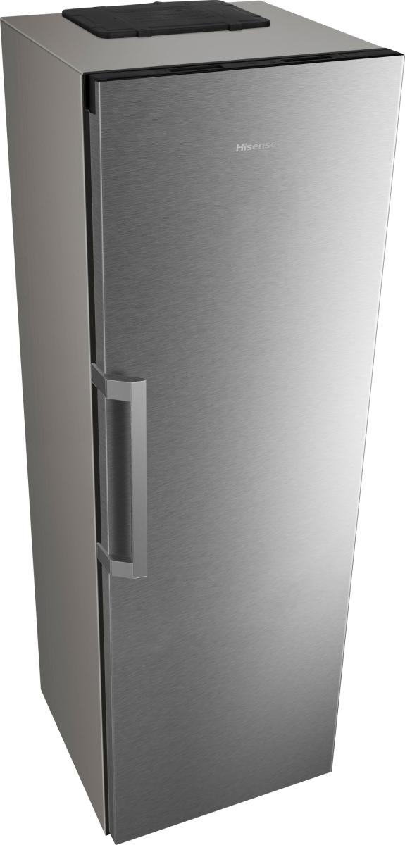 Ein schlanker, silberfarbener Kühlschrank mit einem schwarzen Griff und schwarzem oberen Bedienfeld.