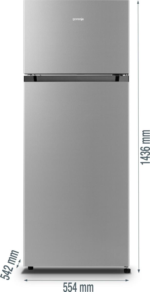 Ein silberner Gorenje-Kühlschrank mit Gefrierfach. Maße: 1436x554x542 mm.
