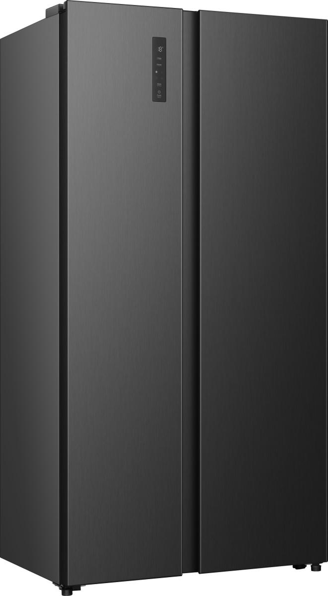 Ein schwarzer Kühlschrank mit zwei Türen und einem digitalen Bedienfeld.