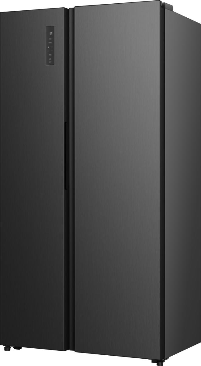 Ein schwarzer Side-by-Side-Kühlschrank mit Touchscreen-Bedienfeld.