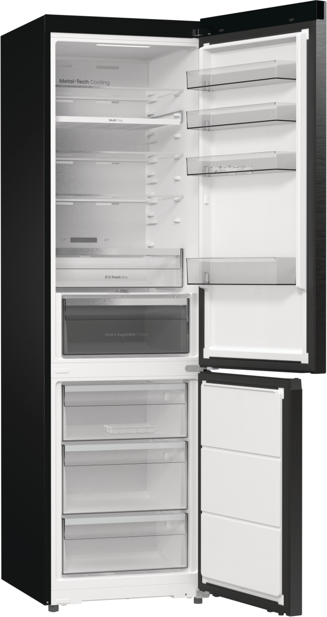 Offener schwarzer Kühlschrank mit Regalen und Schubladen. Bietet Metal-Tech Cooling und eine Obst- & Gemüse-Crisper.