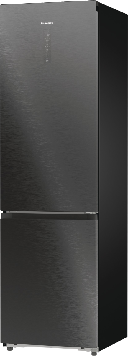 Ein dunkelgrauer Kühlschrank mit Hisense-Logo und Touchscreen-Bedienfeld.