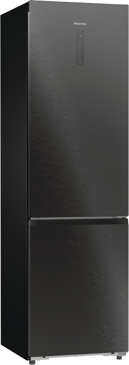Ein schwarzer Hisense-Kühlschrank mit Touchscreen-Bedienfeld und digitaler Anzeige.