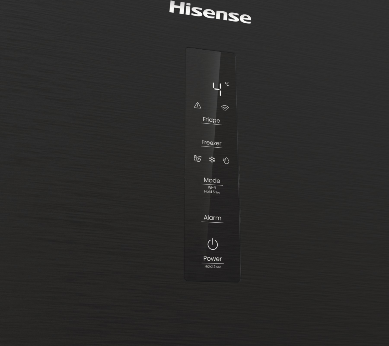 Das Hisense-Kühlschrankdisplay zeigt 4°C, Optionen für Kühl-/Gefrierfach und Modus.