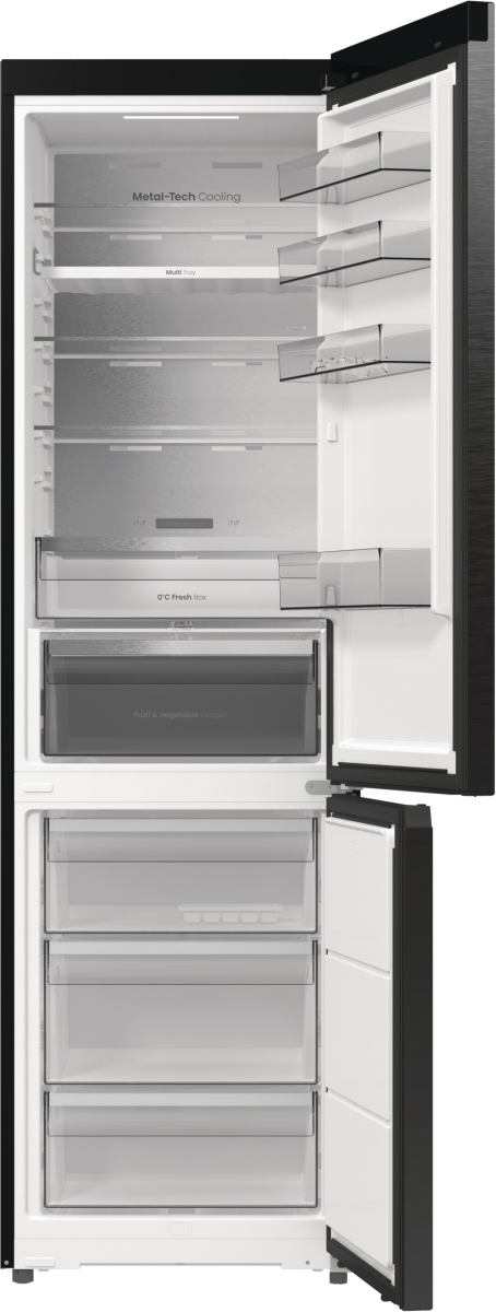 Offener schwarzer Kühlschrank mit Glasablagen, Schubladen und 0°C Fresh Box.