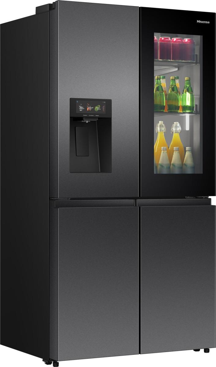 Ein schwarzer Kühlschrank mit Glastür, der Getränke zeigt.