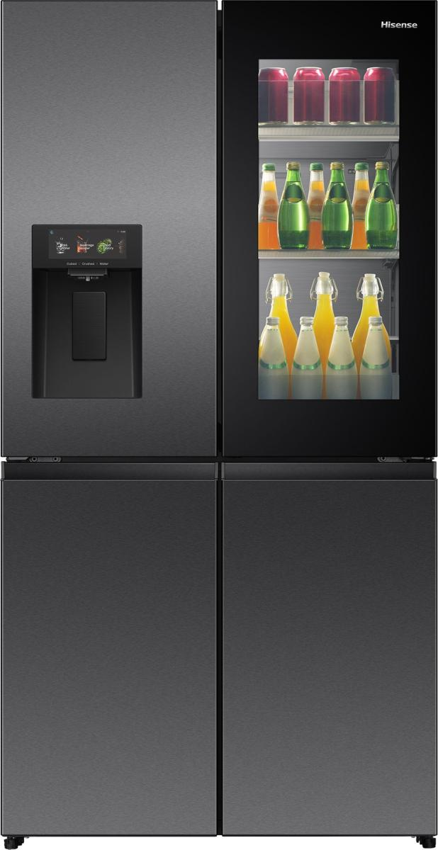 Ein moderner Hisense-Kühlschrank mit Glastür, der Getränke zeigt, und einem Spender.