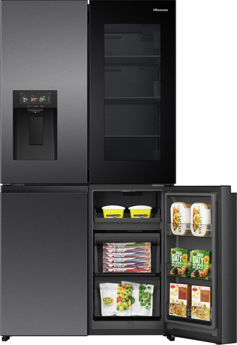 Ein schwarzer Kühlschrank mit Touchscreen, Gefrierfach und offener Tür mit Lebensmitteln.