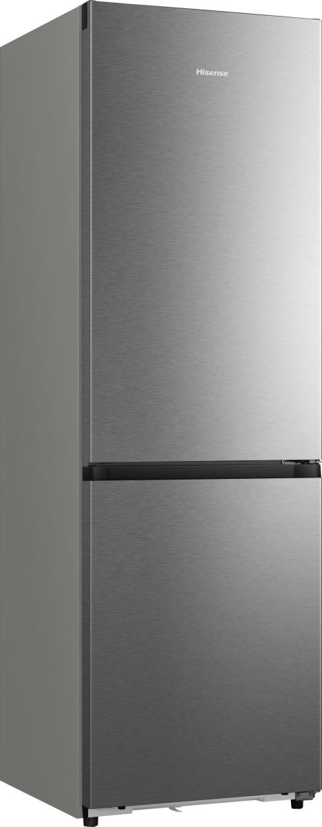 Ein schlanker, silberner Hisense-Kühlschrank mit zwei Türen und schwarzem Griff.