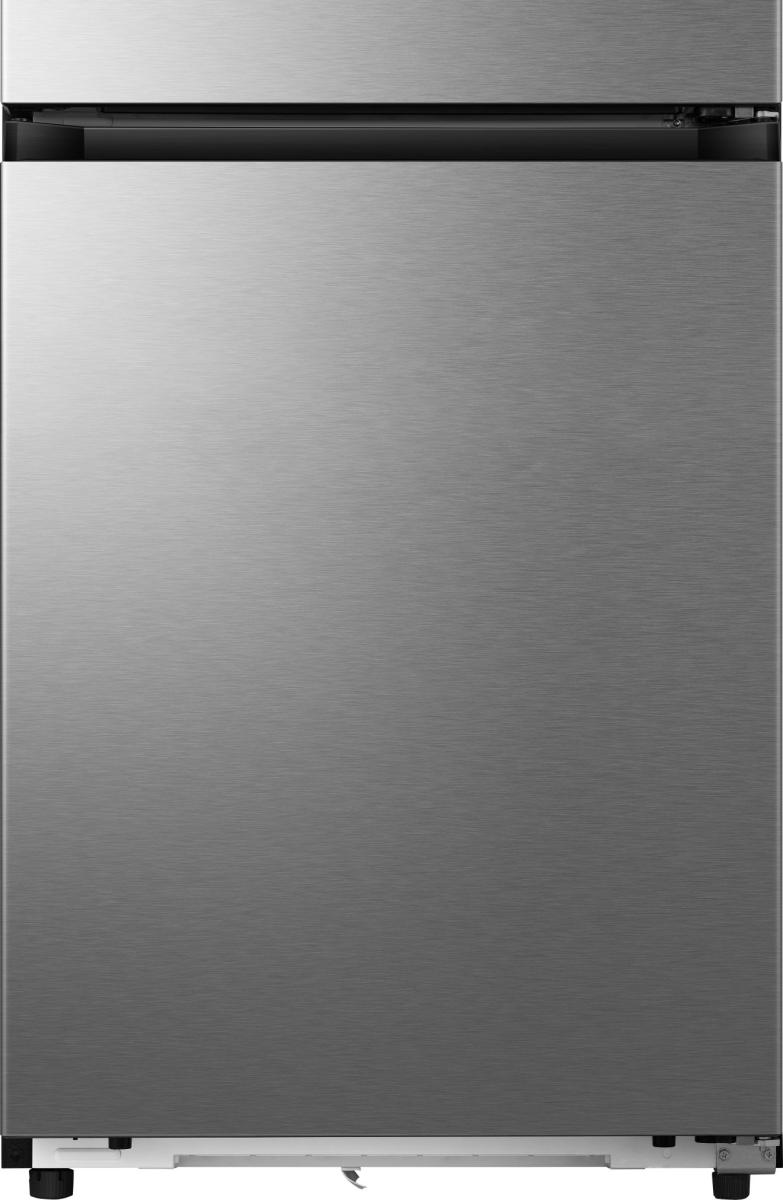 Ein silberner Kühlschrank mit gebürsteter Metalloberfläche und schwarzer Leiste oben.