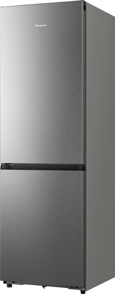 Ein silberner Hisense Kühlschrank mit zwei Türen und schwarzem Griff.