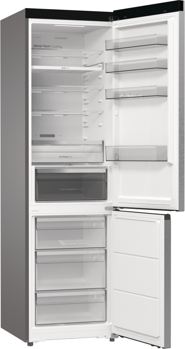 Ein offener Kühlschrank mit mehreren Regalen, Schubladen und Türfächern.