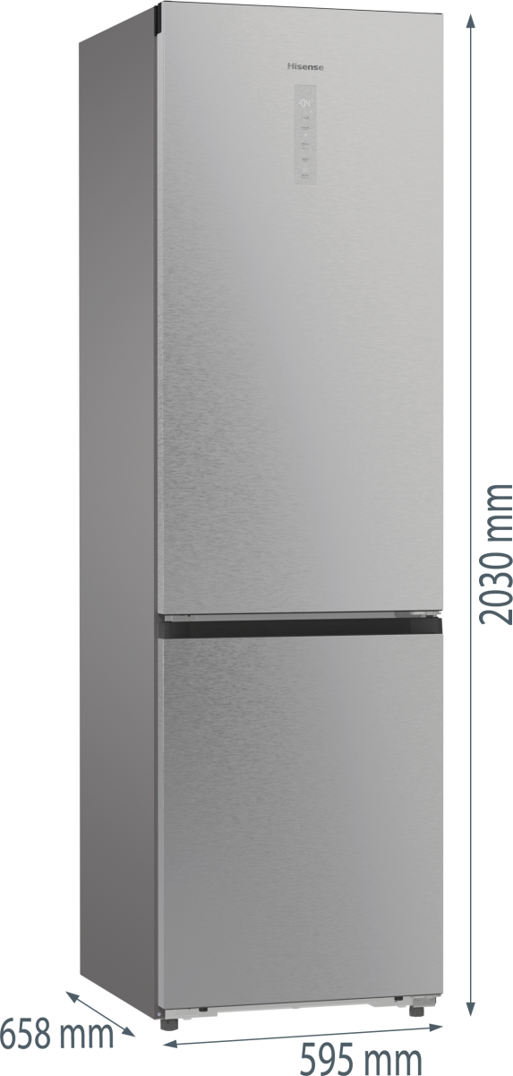 Ein silberner Kühlschrank mit einer digitalen Anzeige. Maße: 2030x658x595 mm.