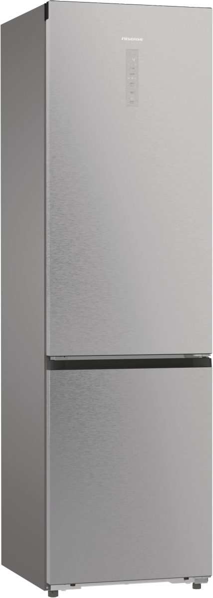 Ein silberner Kühlschrank mit einem Hisense-Logo und einem Bedienfeld.