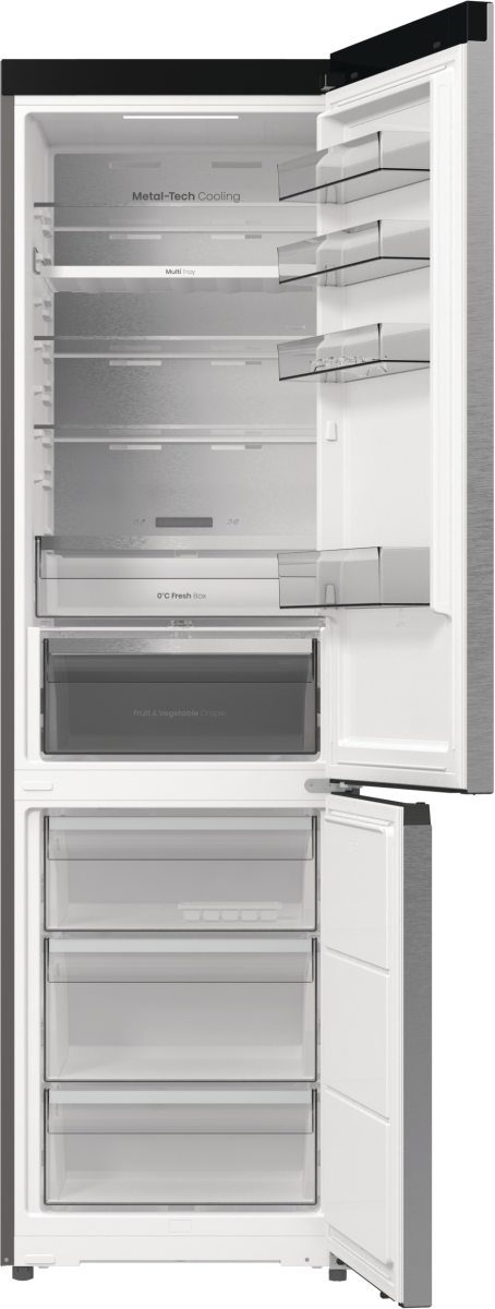 Ein leerer Kühlschrank mit offenen Türen, klare Regale und Schubladen.