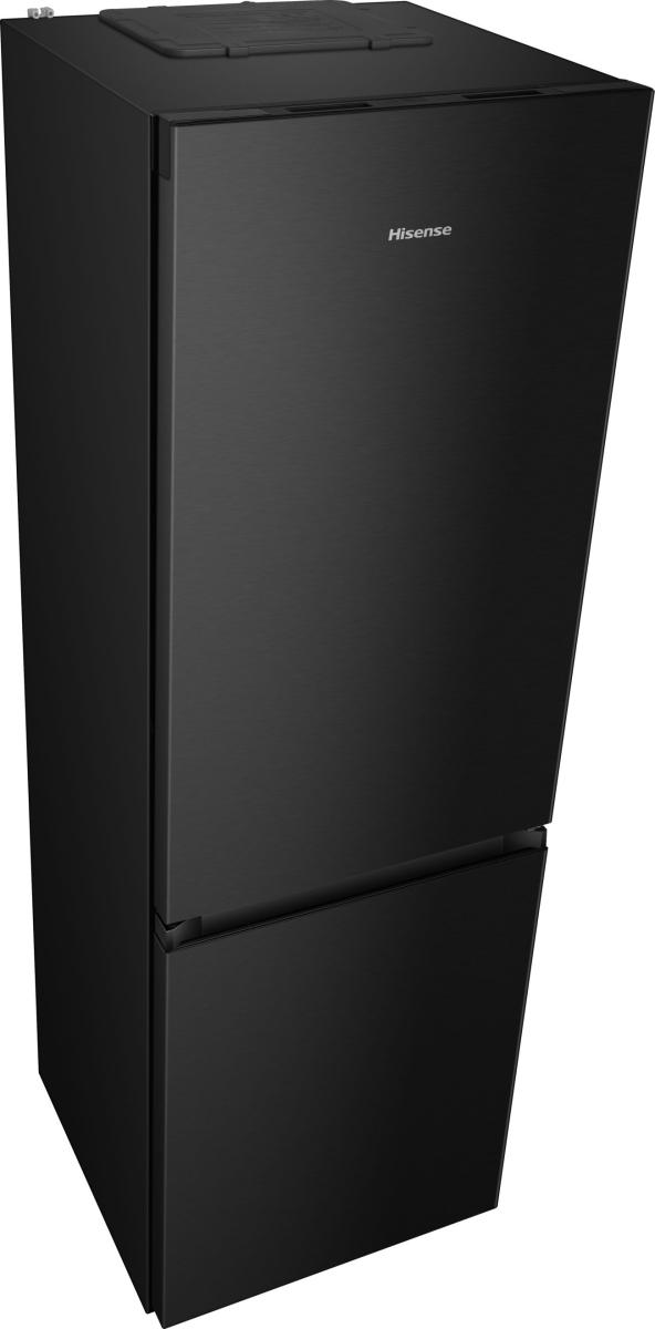 Ein schwarzer Kühlschrank mit Hisense-Logo und zwei Türen.