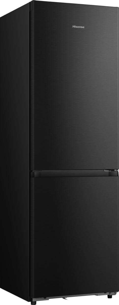 Schwarzer Hisense Kühlschrank mit zwei Türen, bürstenartiges Finish.