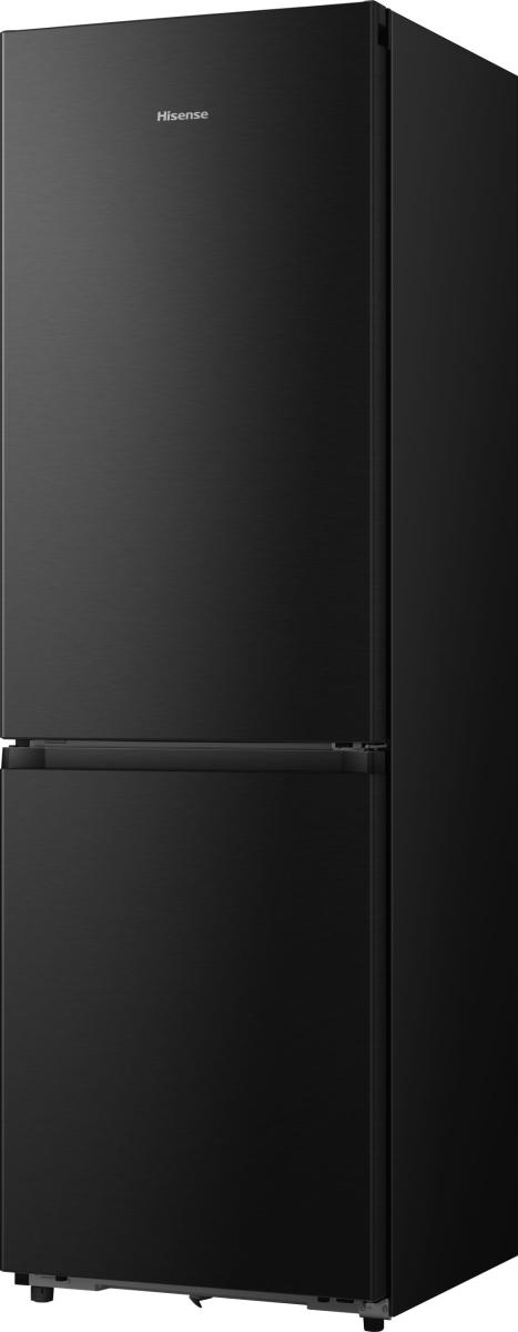 Ein schwarzer Hisense-Kühlschrank mit zwei Türen und gebürsteter Oberfläche.