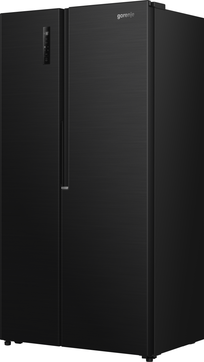 Schwarzer Gorenje Kühlschrank mit Doppeltür und digitalem Display.