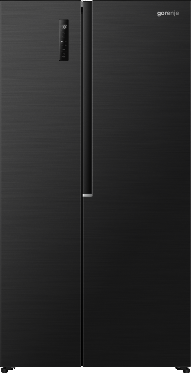 Schwarzer Gorenje Kühlschrank mit zwei Türen und digitaler Anzeige.