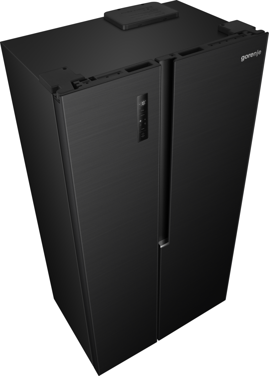 Schwarzer Kühlschrank mit zwei Türen und digitalem Display an der linken Tür.