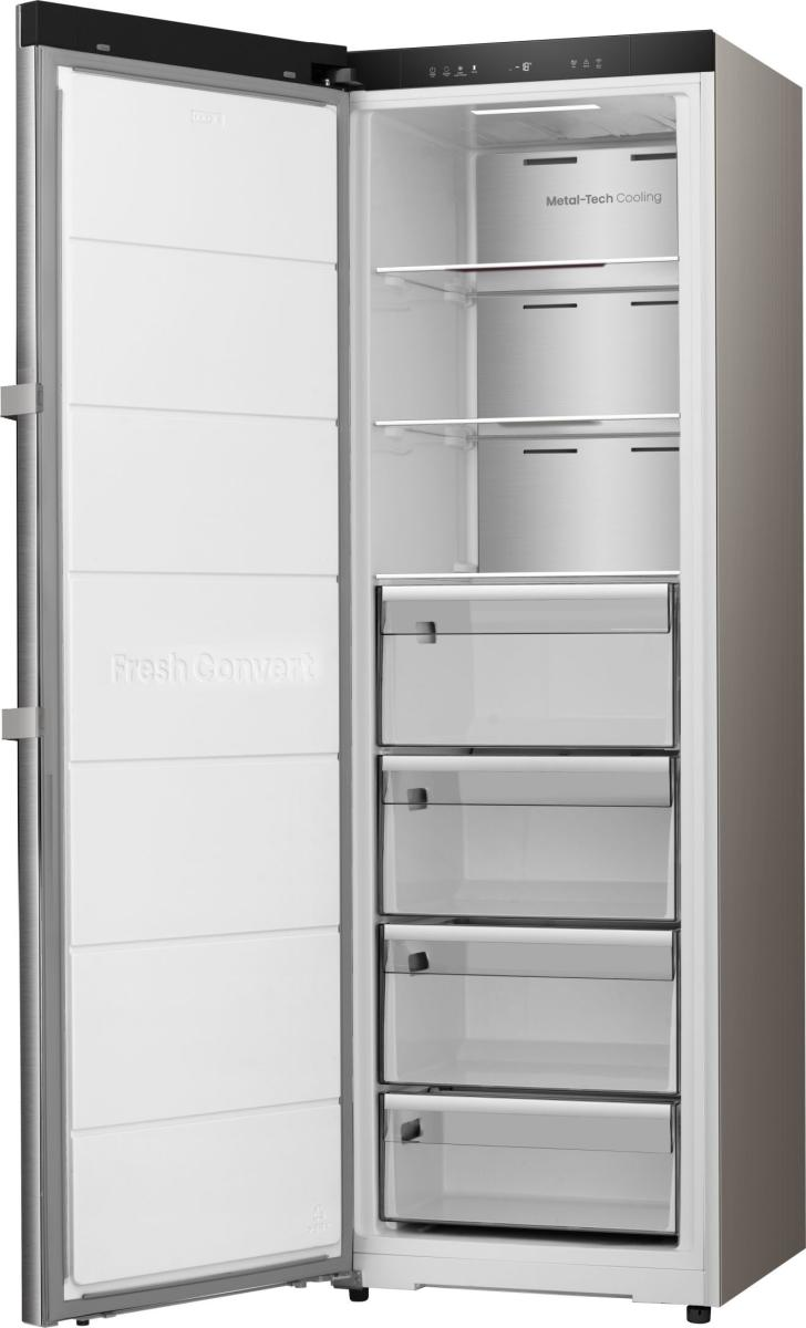 Ein offener, hoher Gefrierschrank mit vier Schubladen und Metall-Tech-Kühlung.