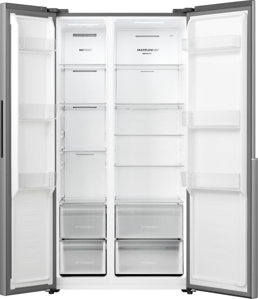 Ein offener, leerer Doppeltür-Kühlschrank mit zwei separaten Fächern: Gefrierfach und Frischhaltefach.