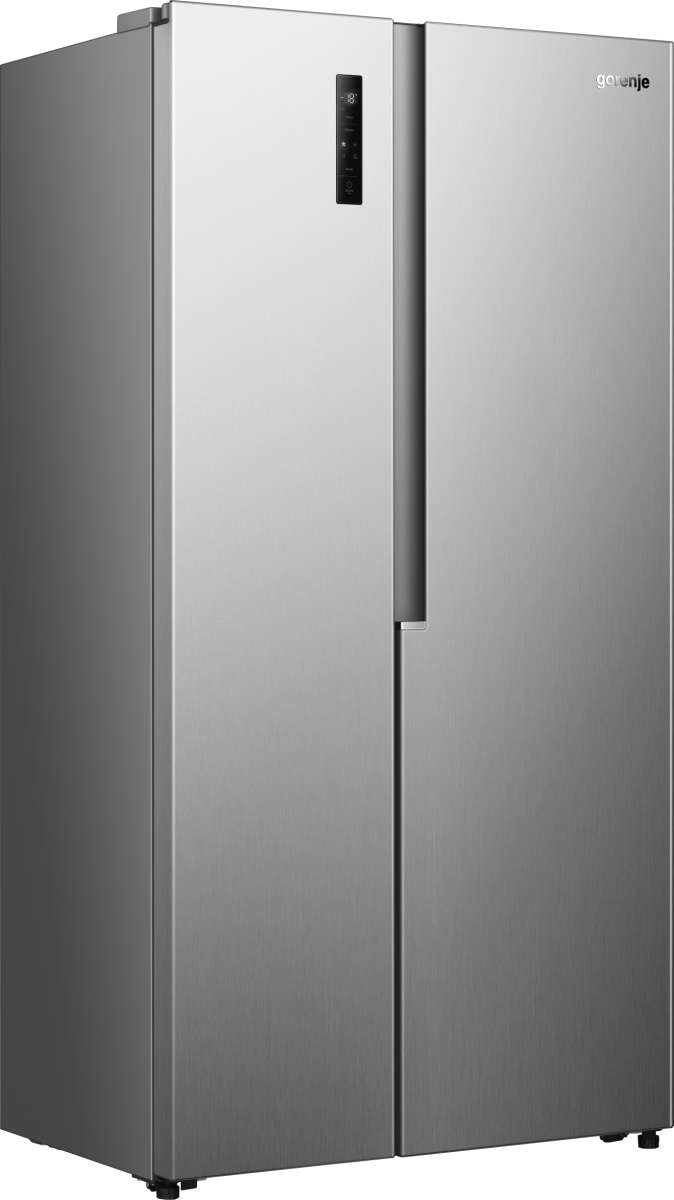 Ein silberner Gorenje-Kühlschrank mit zwei Türen und digitaler Anzeige.