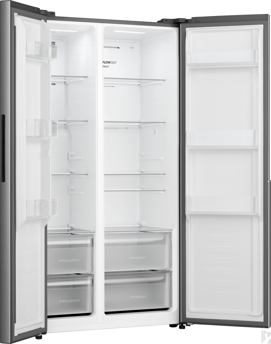 Ein offener, zweitüriger Kühlschrank mit silbernem Gehäuse und weißen Fächern.