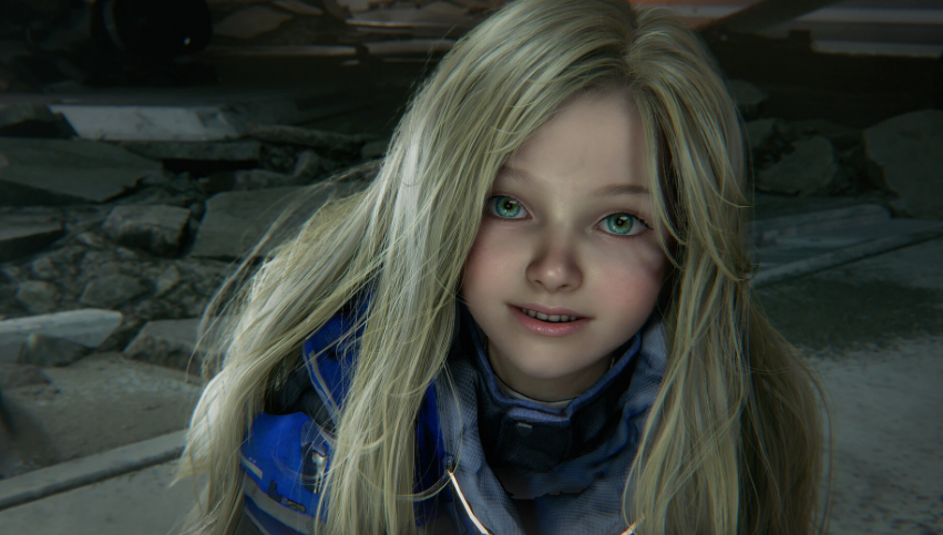 Una niña de pelo rubio y ojos azules lleva una chaqueta azul en un entorno destruido.