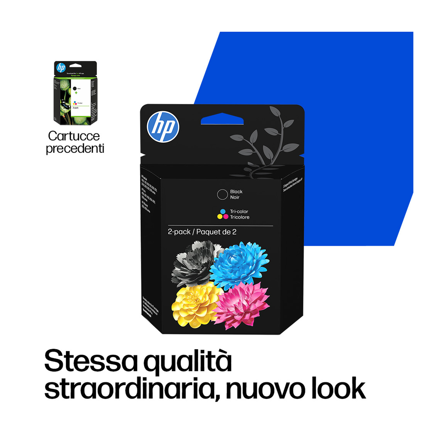 Cartucce HP: Nero, Tricolore. Motivo floreale. "Stessa qualità, nuovo look."