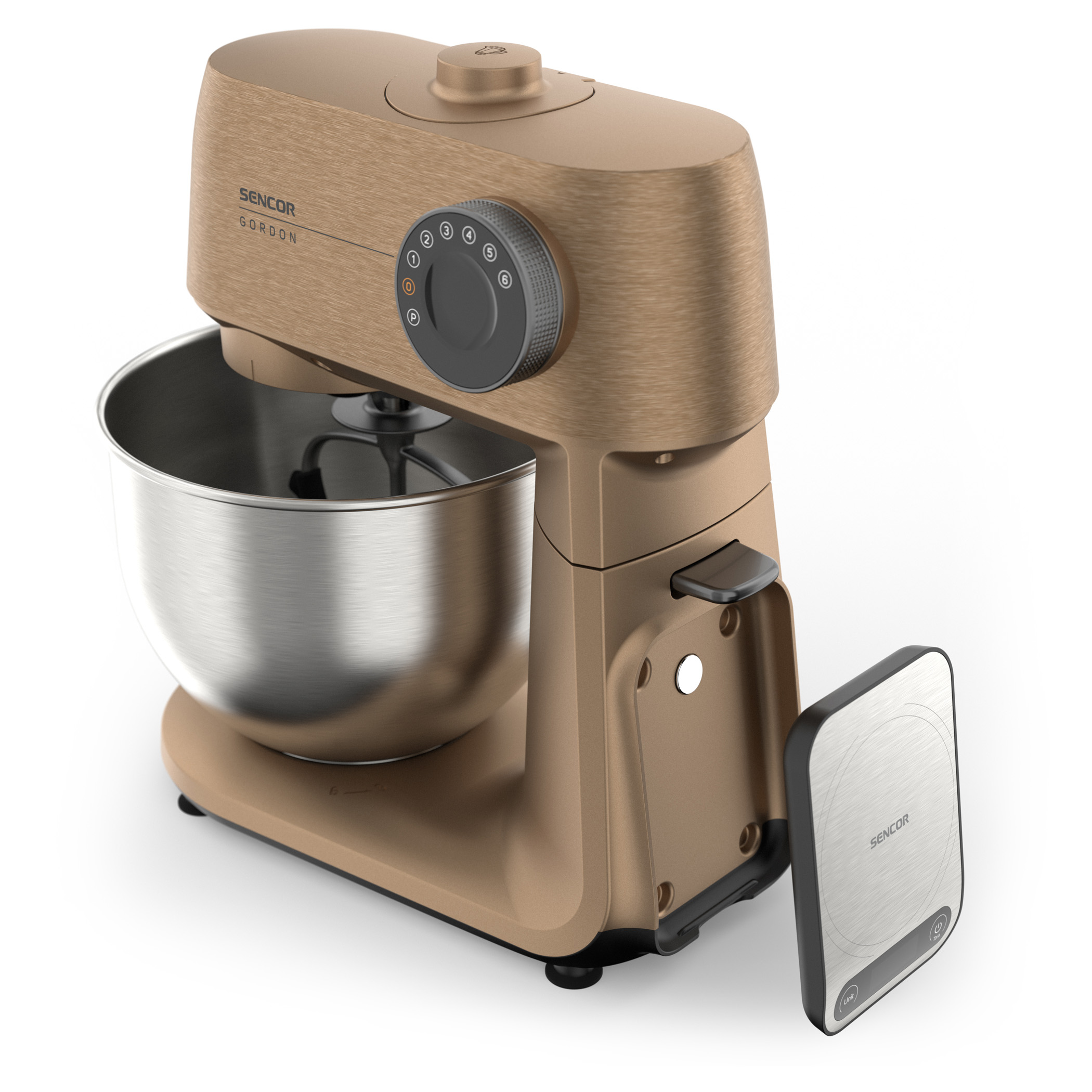 Arany standmixer rozsdamentes acél tálal és digitális mérleg mellette.
